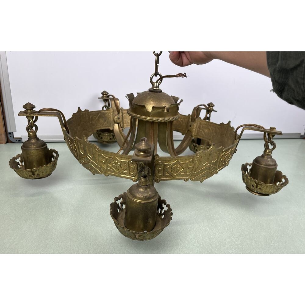 Vintage Brass Cast Chandelier Metal 5 Light Hanging Antique Ornate Decor